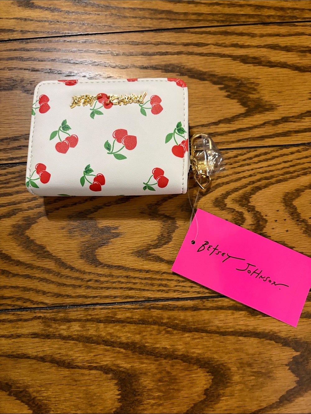 Betsey Johnson White Cherry Print Mini Wallet with Gold Logo